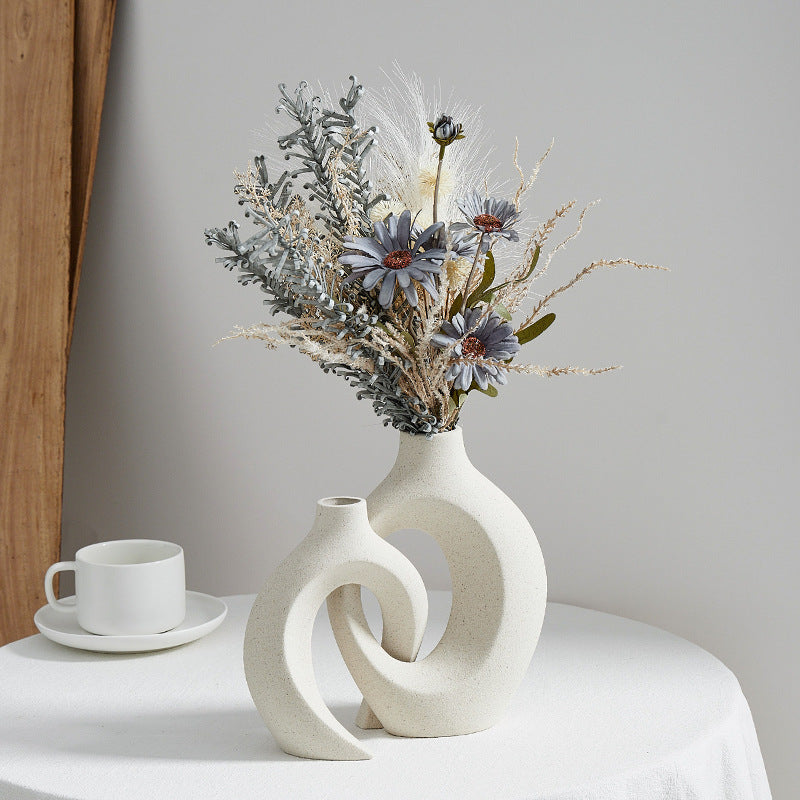 Modern Sculptural Hollow-Ring Ceramic Tabletop Vase Set With Minimalist Asymmetrical Silhouette