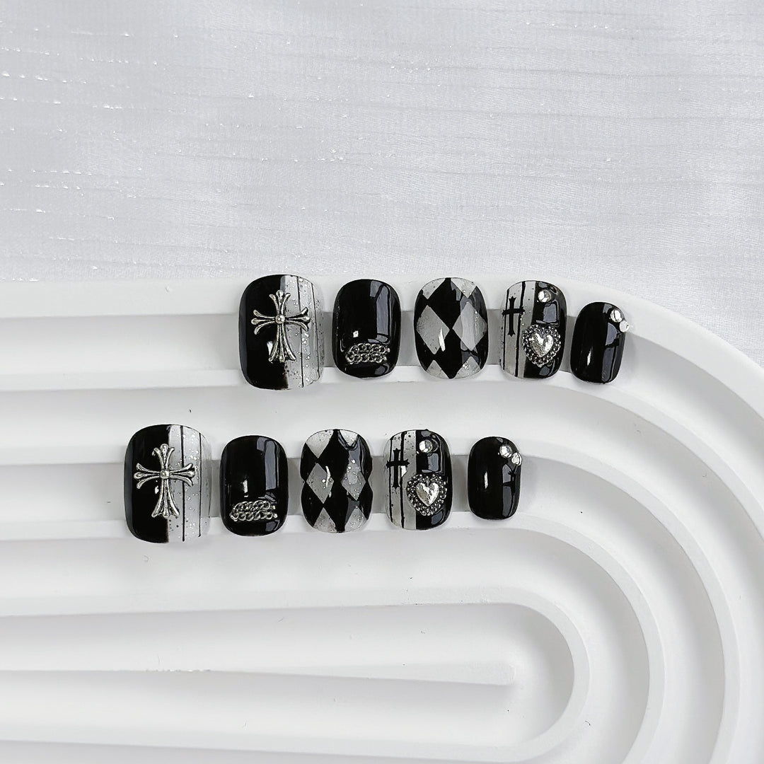 Artistic Press-On Nail Art Set with Heart and Celestial Designs