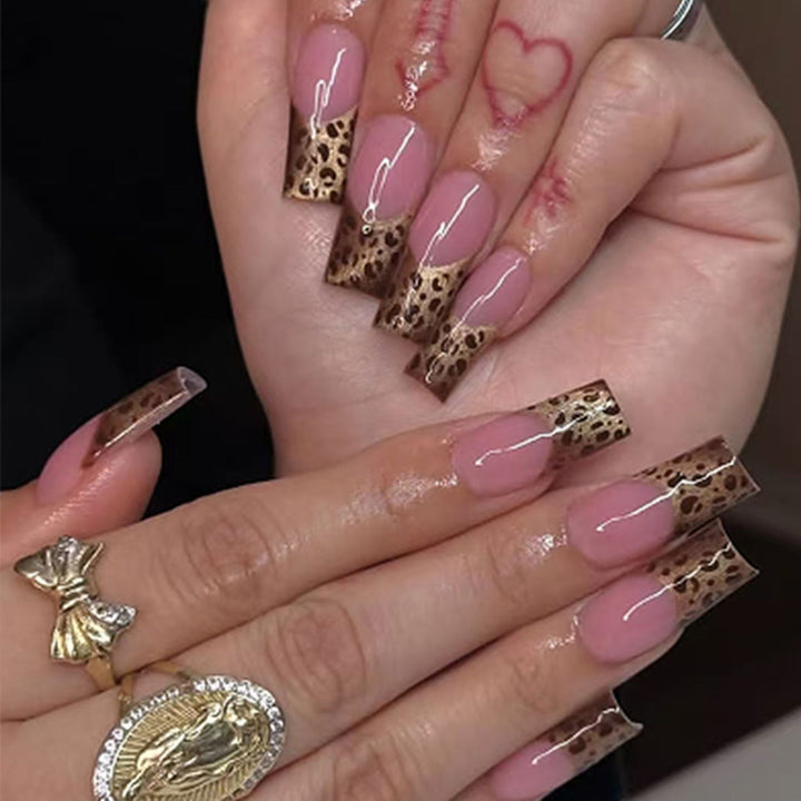 Elegant Leopard Print French Tip Press-On Nails Kalsten