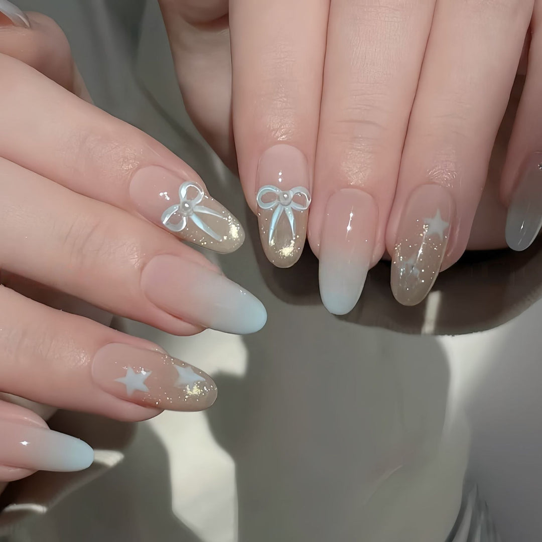 Elegant Artificial Nail Set with Bow and Star Designs Kalsten