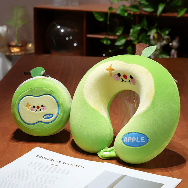 Cozy ergonomic travel pillow with cat design and integrated storage bag