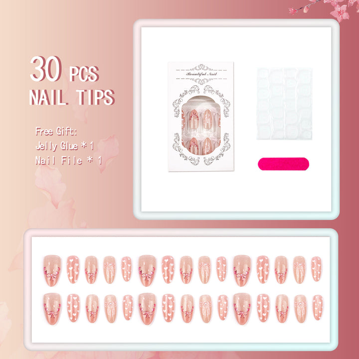 Decorative Press-On Nail Art Set with Heart and Bow Designs