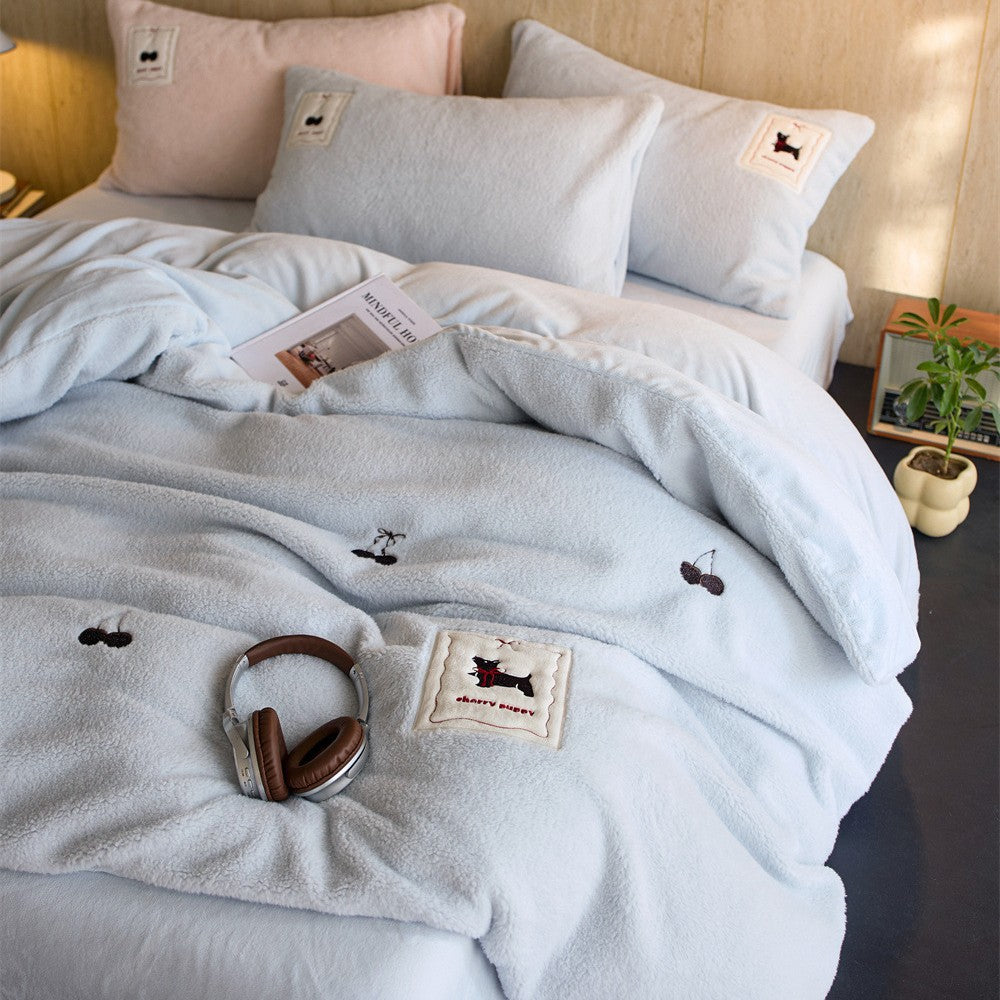 Cozy fleece bedding set with embroidered cherries and appliqués