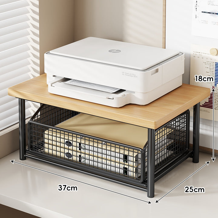 Desktop Printer & Office Equipment Riser with Wooden Top and Sliding Mesh Drawer
