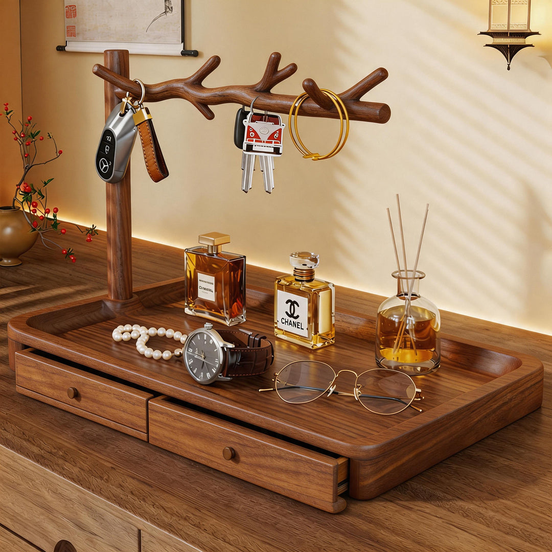 Wooden Entryway Valet Tray with Multi-Arm Key Stand