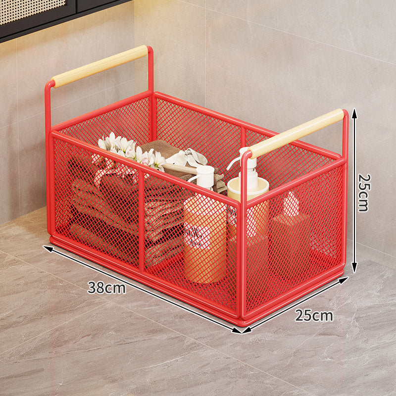 Rectangular Metal Mesh Countertop Storage Basket with Wooden Carry Handles
