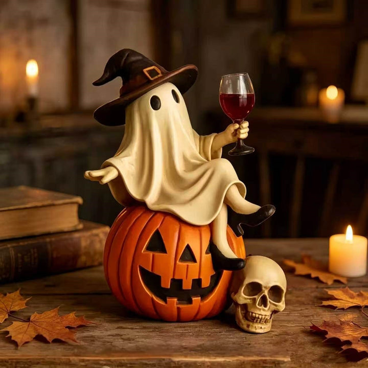 Whimsical Ghost Figurine with Pumpkin Base Kalsten