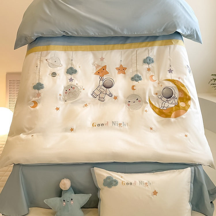 Children's bedding set with ruffles, embroidered cartoon appliqués and soft cotton satin