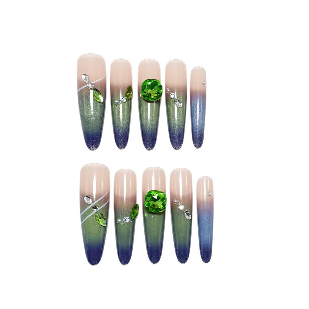 Artificial nails with elegant ombre design and rhinestone applications Kalsten
