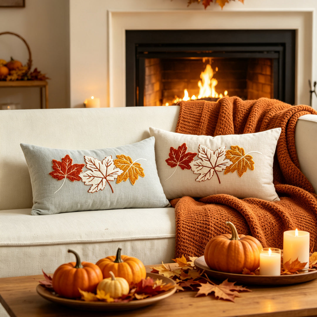Embroidered Autumn Maple Lumbar Pillow Cover with Textured Chenille Leaf Appliqué