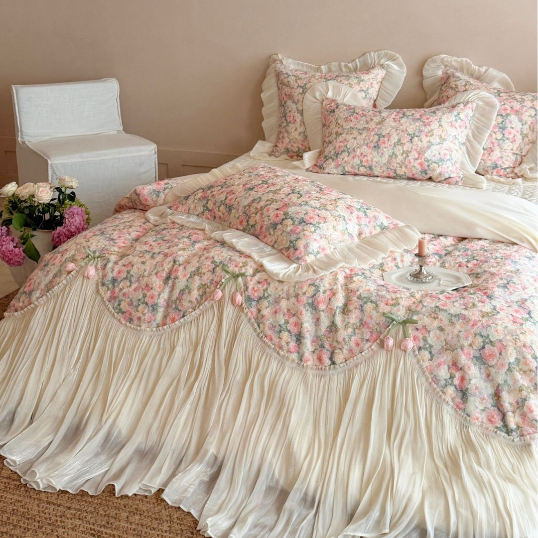Romantic bedding set with pleated ruffle and floral chenille surface