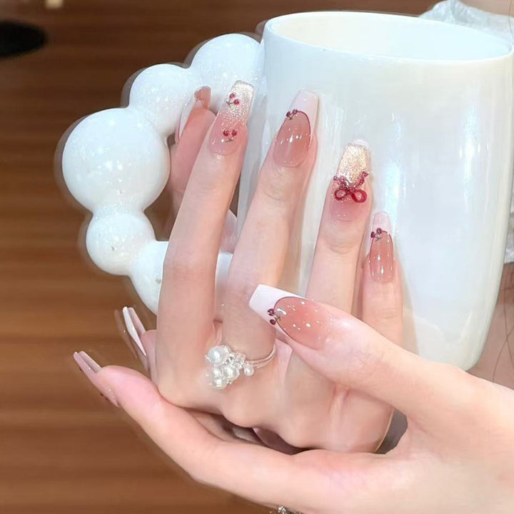 Press-On Nail Art with Elegant Floral and Bow Designs Kalsten