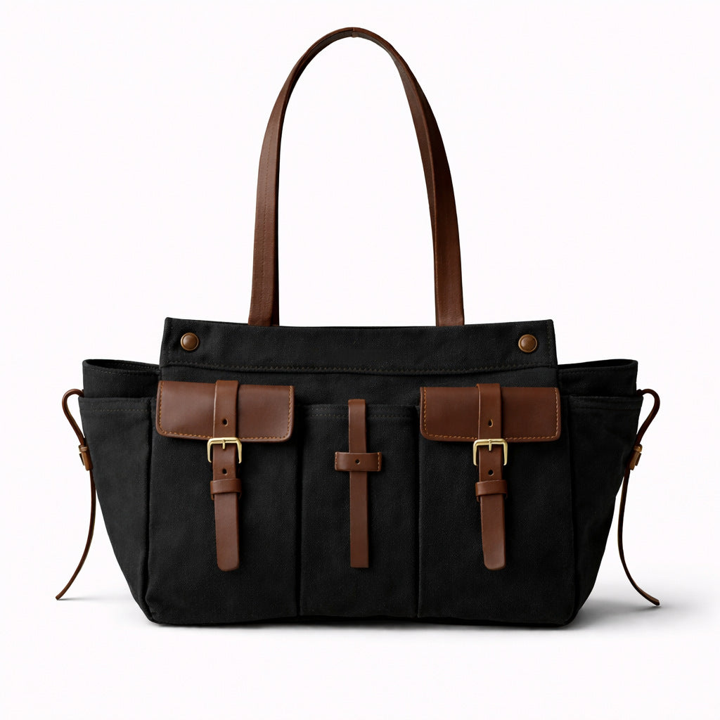 Multi-Pocket Canvas Tote Handbag
