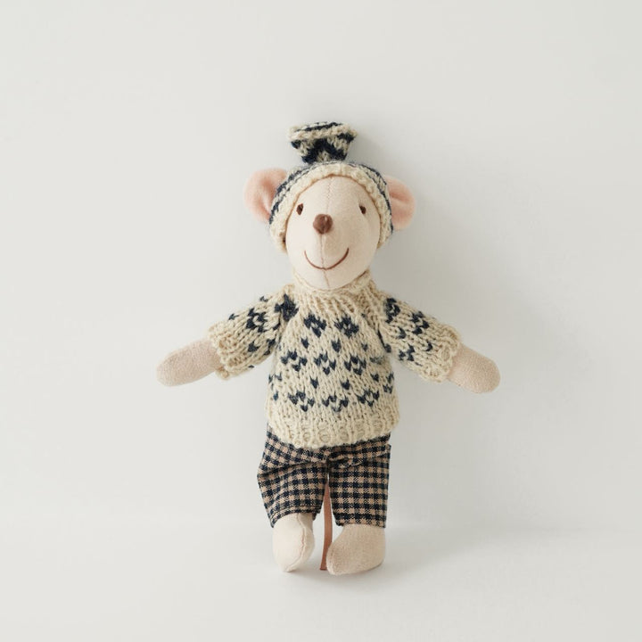 Handcrafted Mouse Plush Doll with Knitted Heart Sweater Pom-Pom Beanie and Gingham Trousers