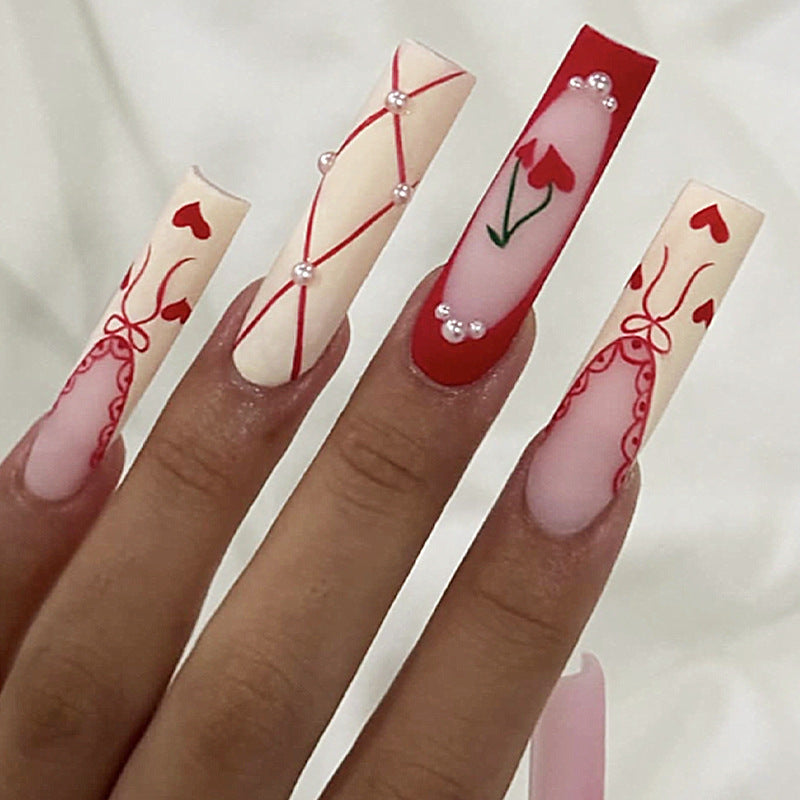 Art nail set with romantic heart and cherry motifs Kalsten
