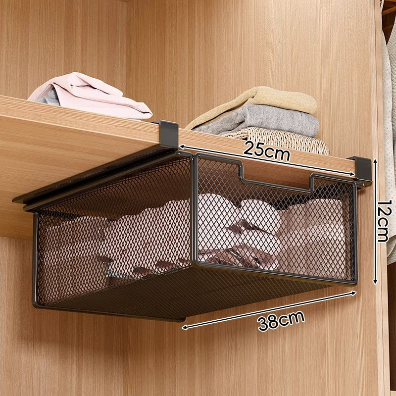 Under-Shelf Pull-Out Metal Mesh Closet Basket Organizer with Clamp Rail
