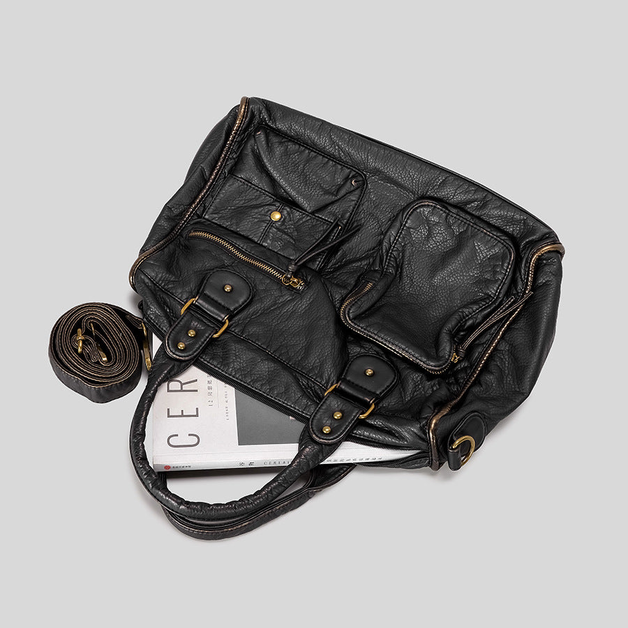 Multi-Pocket Functional Leather Handbag