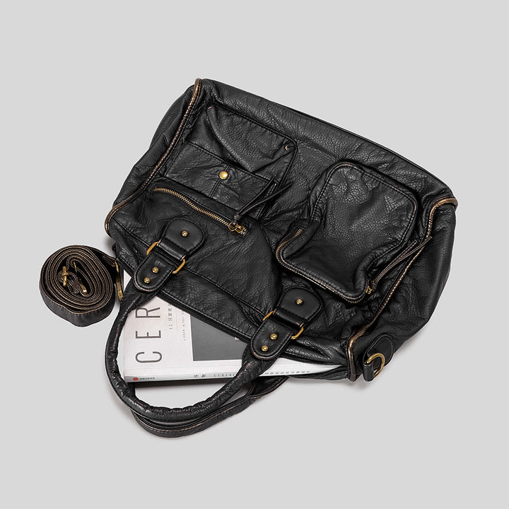 Multi-Pocket Functional Leather Handbag
