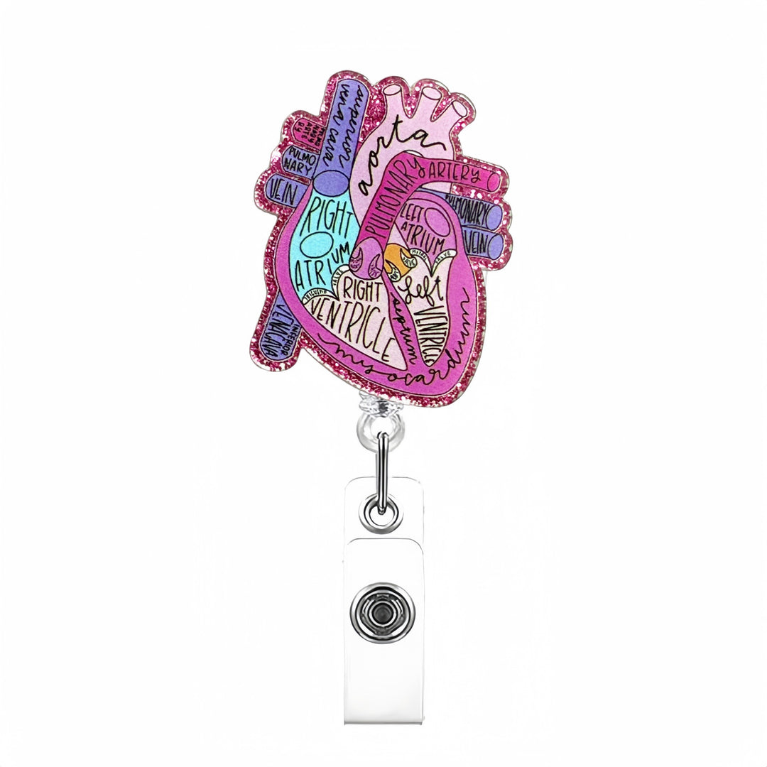 Expandable badge holder with anatomical heart pendant