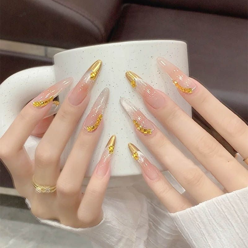 Decorative Press-On Nail Set with Crystal Accents