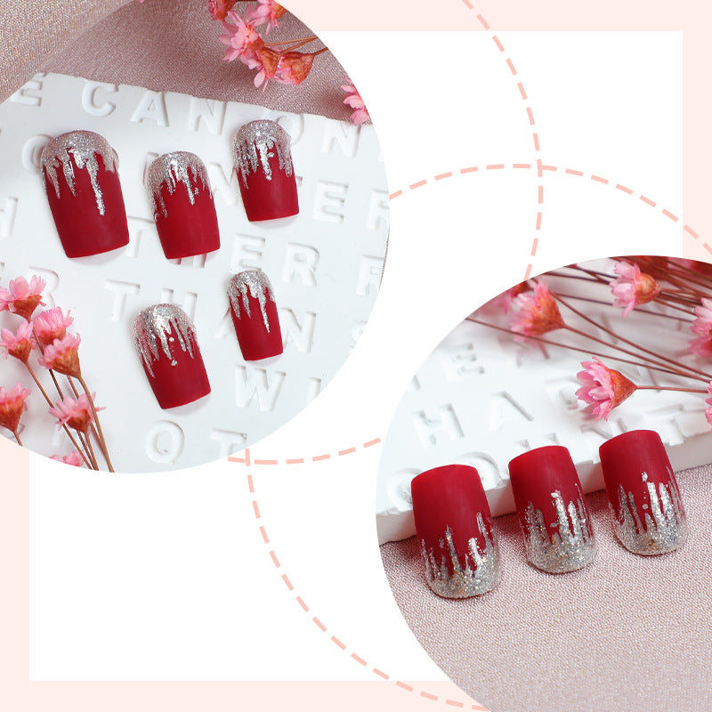 Artistic Press-On Nail Set with Silver Drip Design kalsten