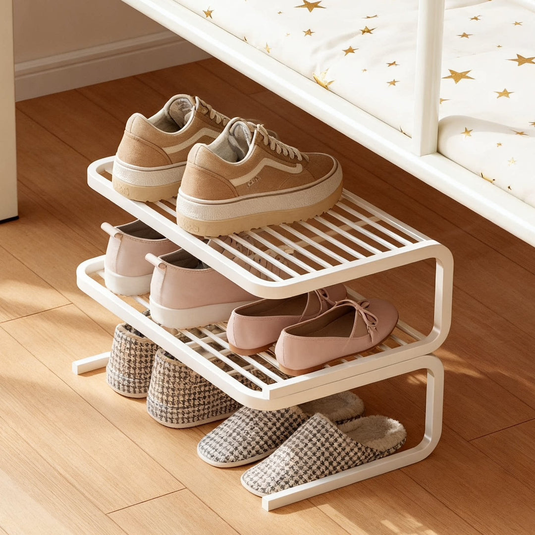 Compact Low-Profile Two-Tier Powder-Coated Metal Shoe Organizer