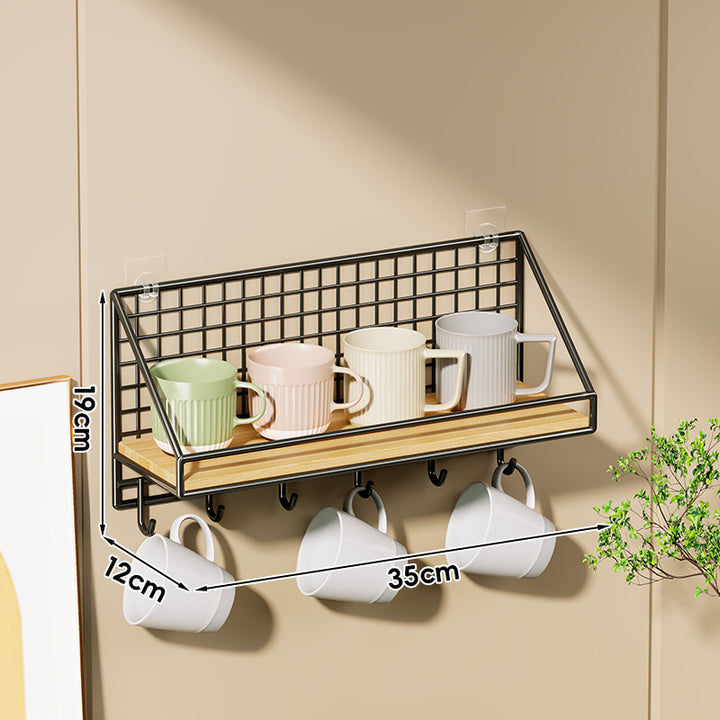 Ventilated Grid Wall Shelf with Wood-Look Tray and Clear Suction Mounts