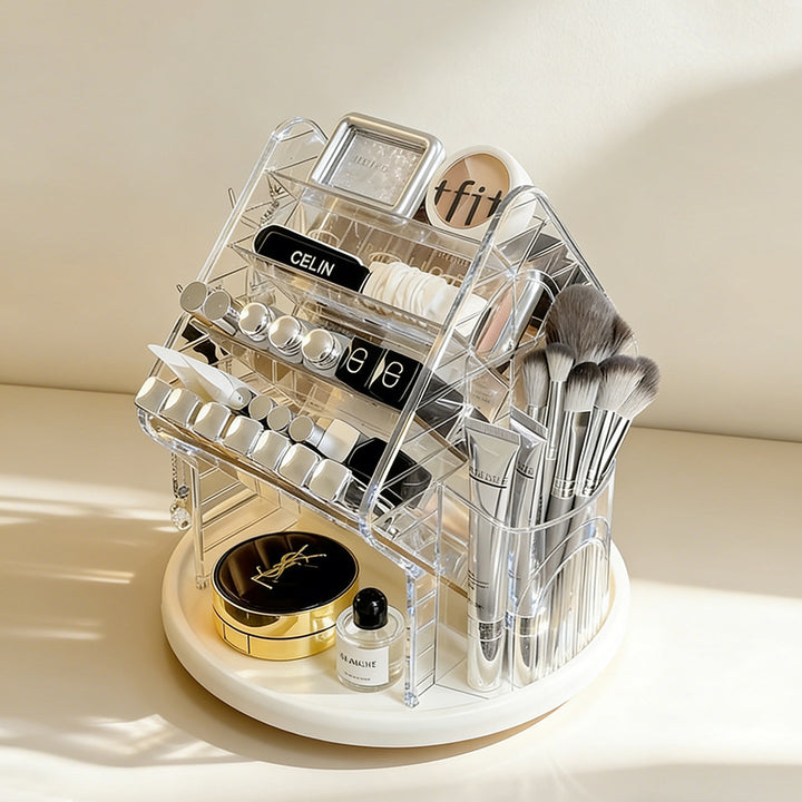 Rotating cosmetic organizer in house shape made of acrylic with lipstick holder and removable catch tray