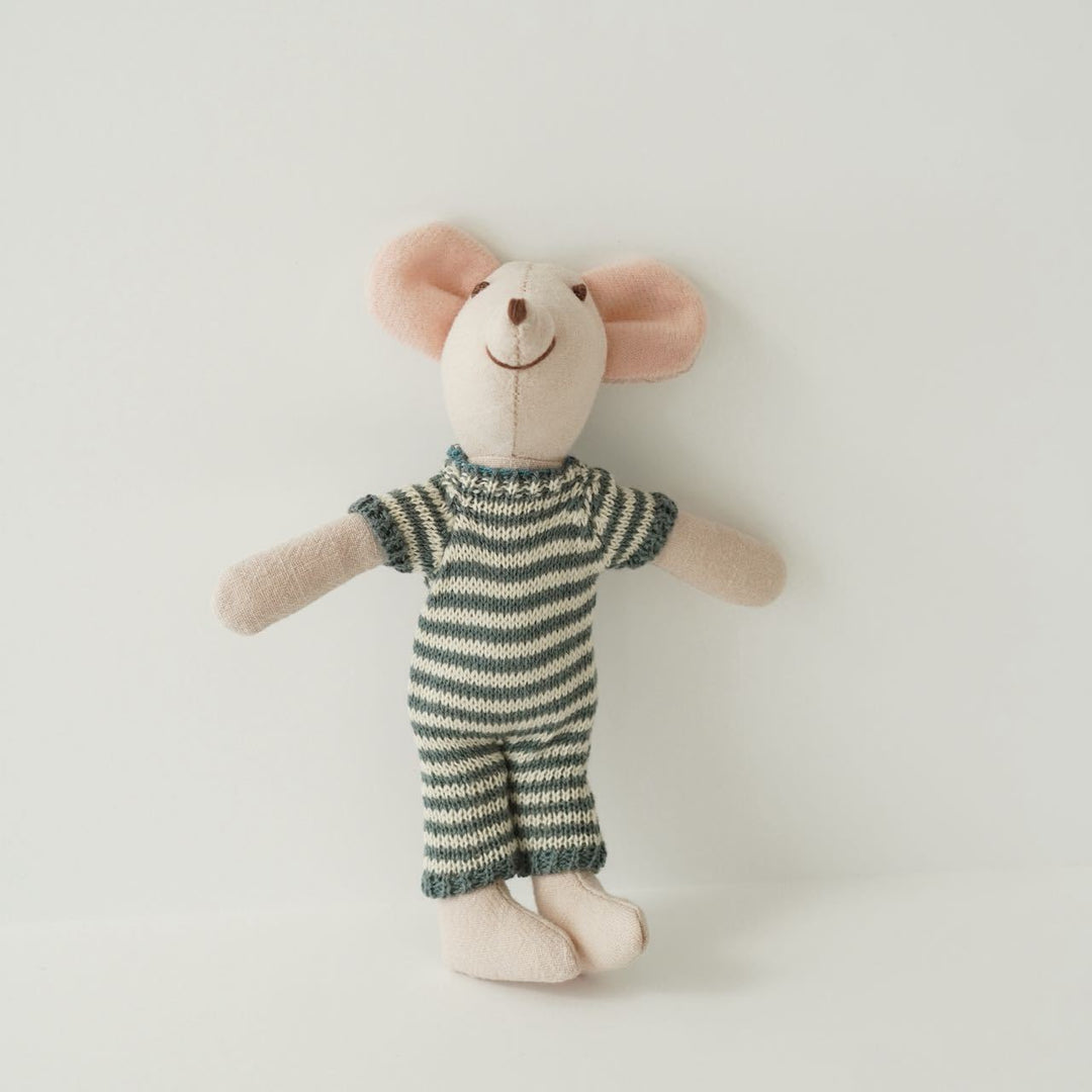 Handcrafted Mouse Plush Doll with Knitted Heart Sweater Pom-Pom Beanie and Gingham Trousers
