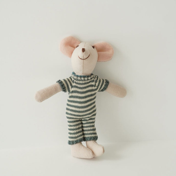 Handcrafted Mouse Plush Doll with Knitted Heart Sweater Pom-Pom Beanie and Gingham Trousers