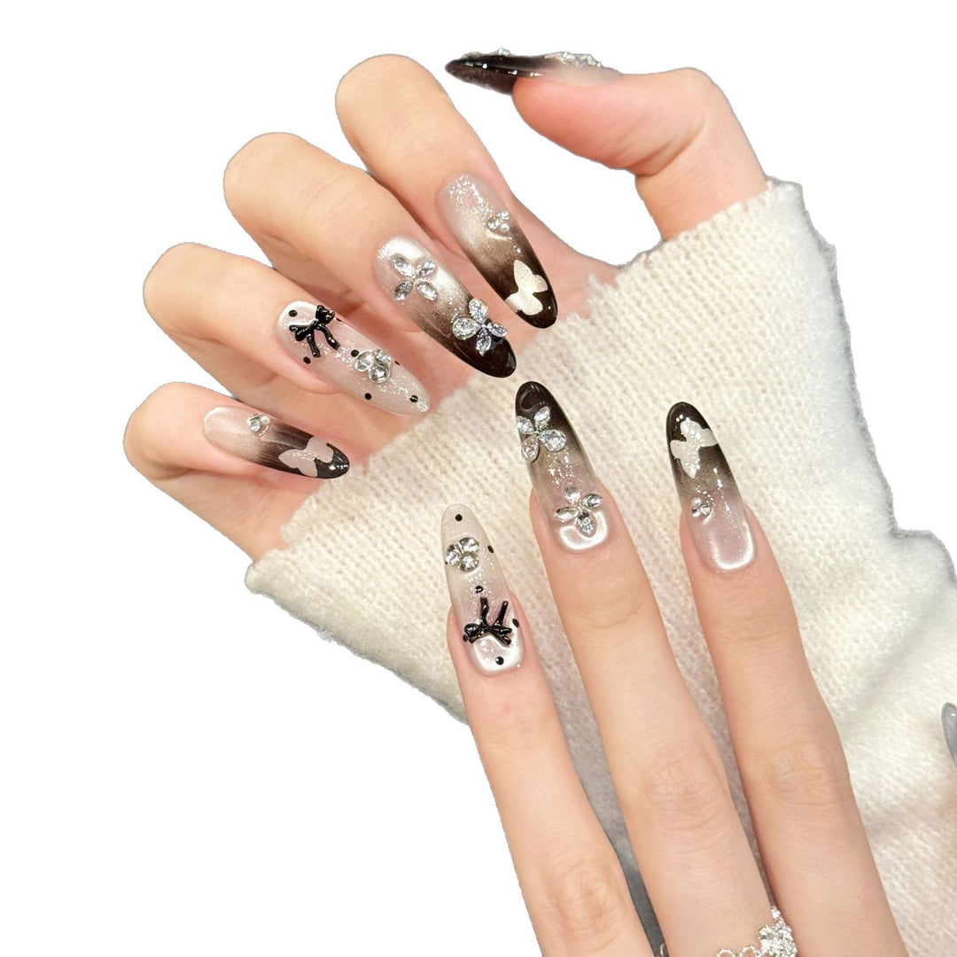 Artistic Press-On Nail Set with 3D Floral and Gem Accents