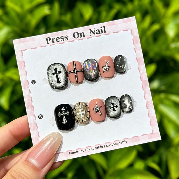 Artistic Press-On Nail Set with Custom Symbol Designs
