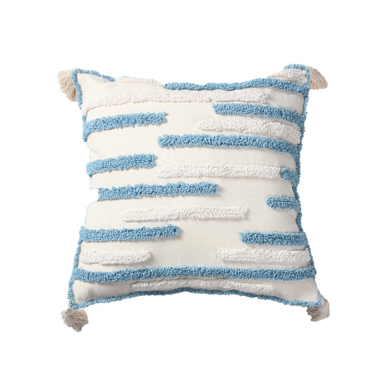 Textured Loop-Embroidered Square Throw Pillow with Corner Tassels and Removable Cover