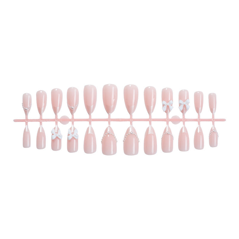 Decorative Press-On Nail Art Set with Elegant Bow and Pearl Accents kalsten