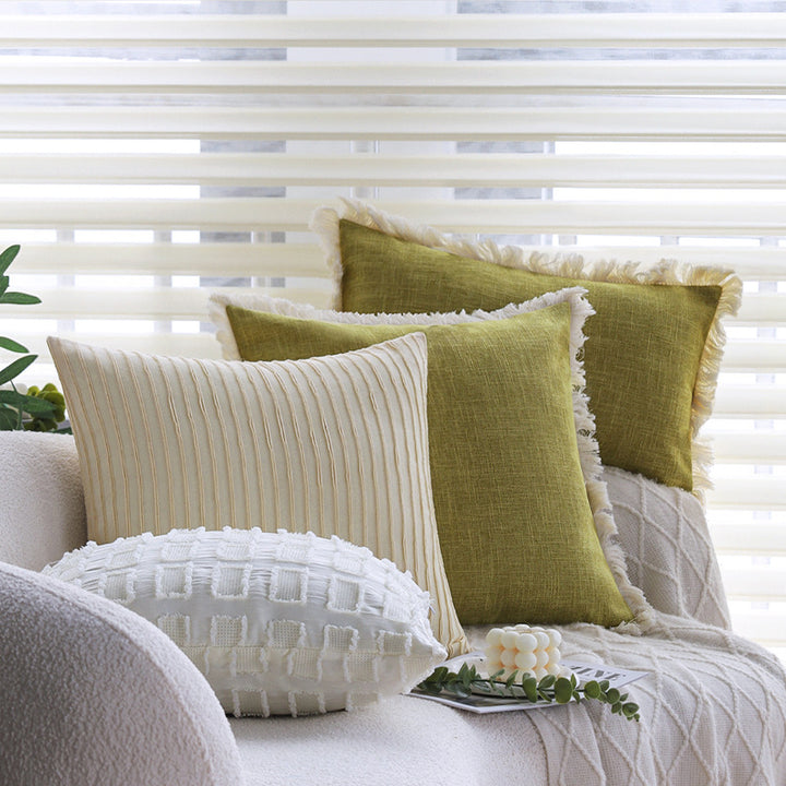 Rectangular cushion cover with woven linen look and decorative fringed edge Kalsten