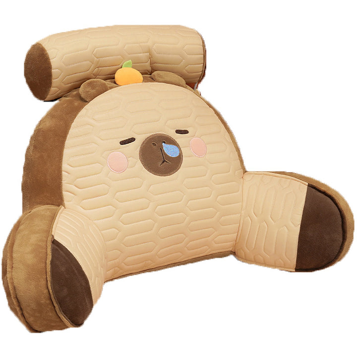 Padded reading pillow with armrests and removable neck roll in cute pig plush design