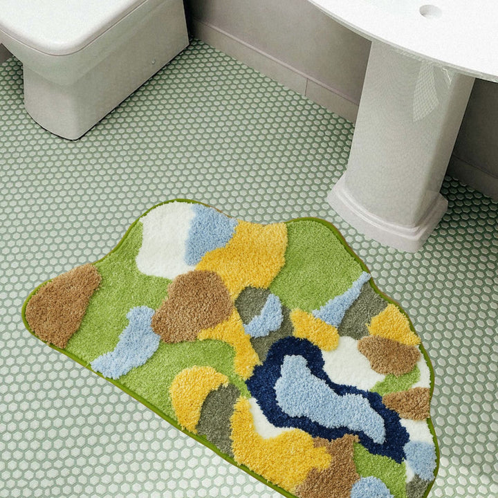 High-pile bath mat with non-slip backing and abstract structural pattern