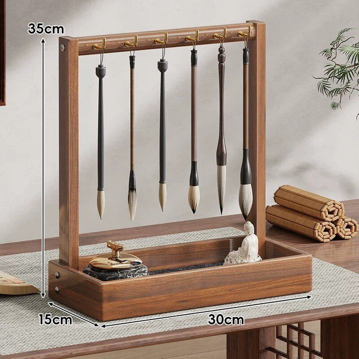 Desktop Wooden Calligraphy Brush Stand with Sand Tray and Hanging Hooks