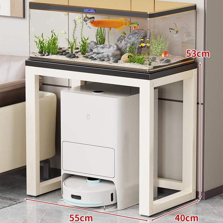 Gold Metal Aquarium Console Table with Faux Marble Top and Robot Vacuum Storage