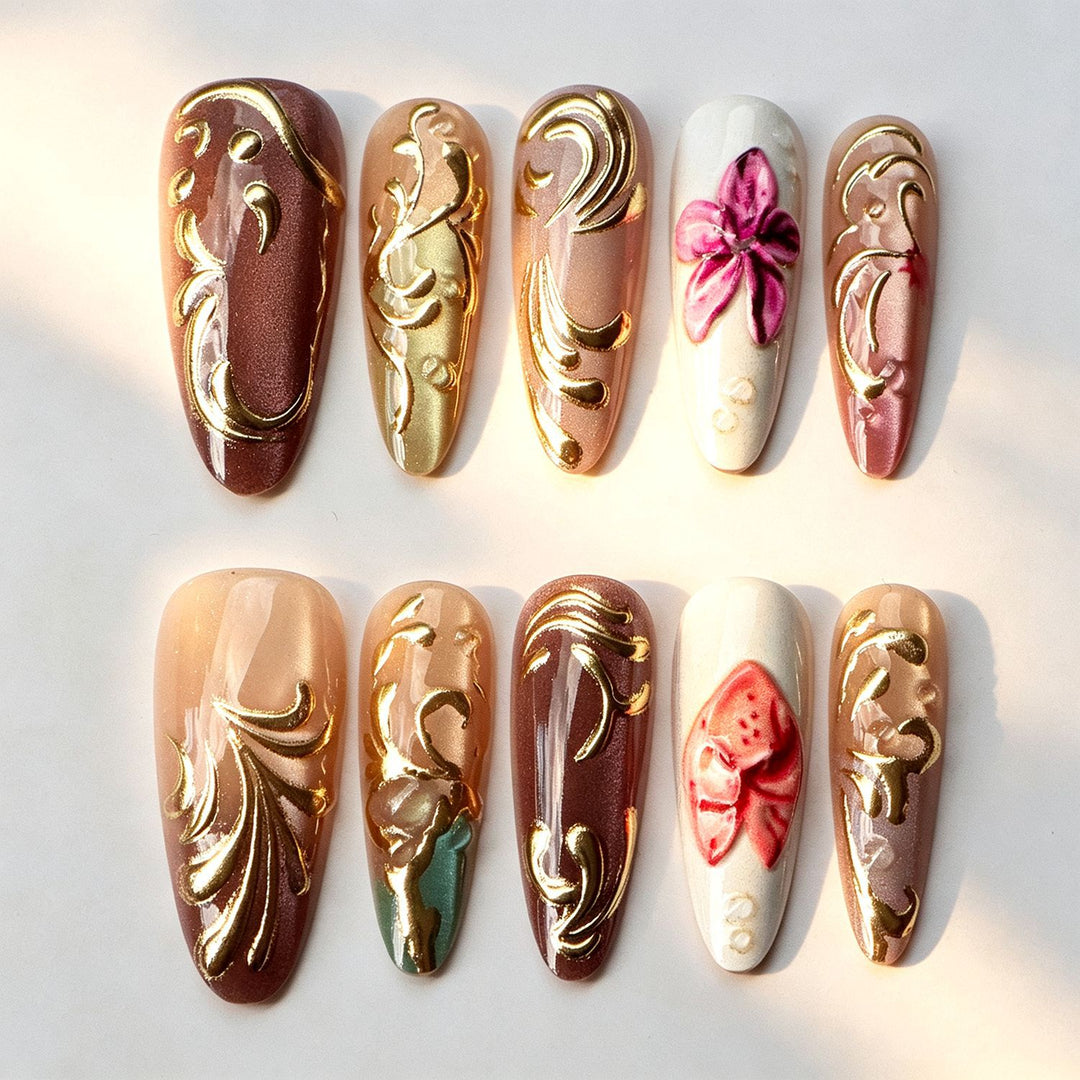 Artistic Press-On Nail Set with Floral Embellishments