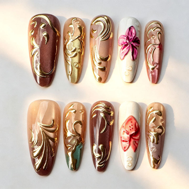 Artistic Press-On Nail Set with Floral Embellishments