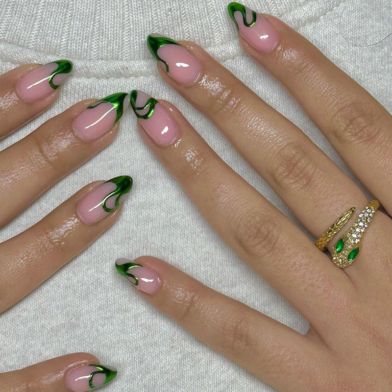 Elegant nail art with stylish green accents and high gloss finish Kalsten