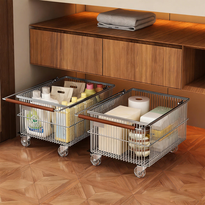 Rectangular Metal Mesh Storage Basket with Dual Wood-Hand Grips