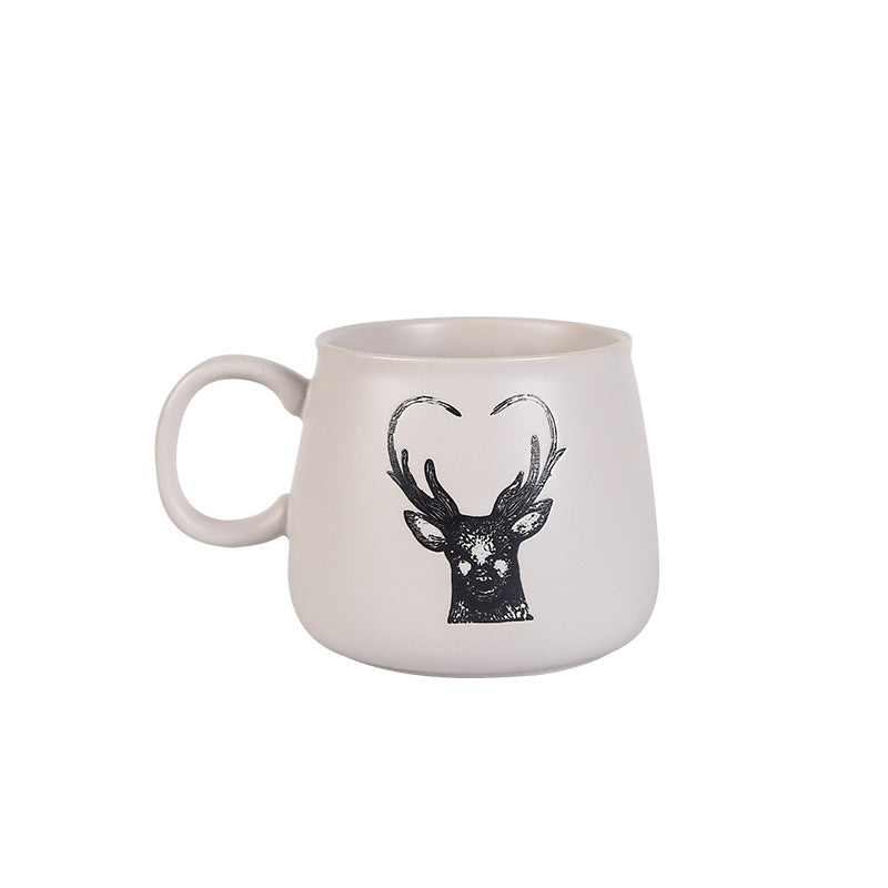 Matte Ceramic Tapered Round Coffee Mug With Deer Head Antler Graphic And Oversized Ergonomic Handle