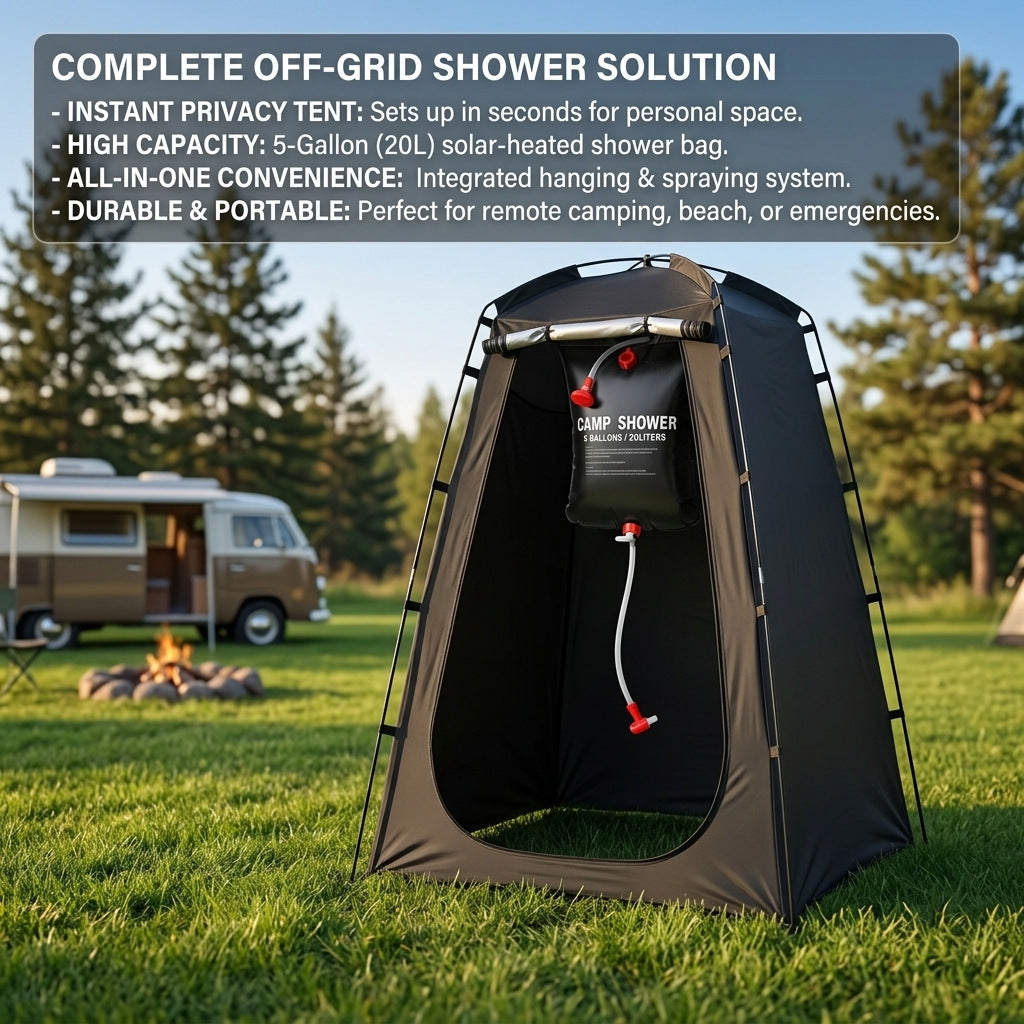 Portable camping shower privacy tent with five gallon solar shower bag and pop up foldable pole system Kalsten