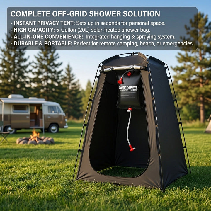 Portable camping shower privacy tent with five gallon solar shower bag and pop up foldable pole system Kalsten