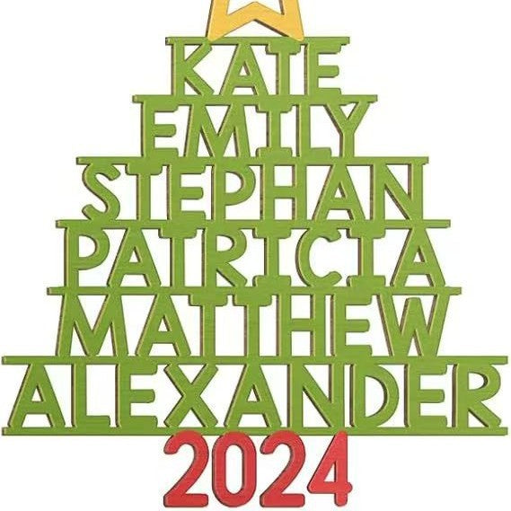 Laser-Cut Wooden Stacked-Name Christmas Tree Ornament With Customizable Family Name Tiers And Hanging Loop