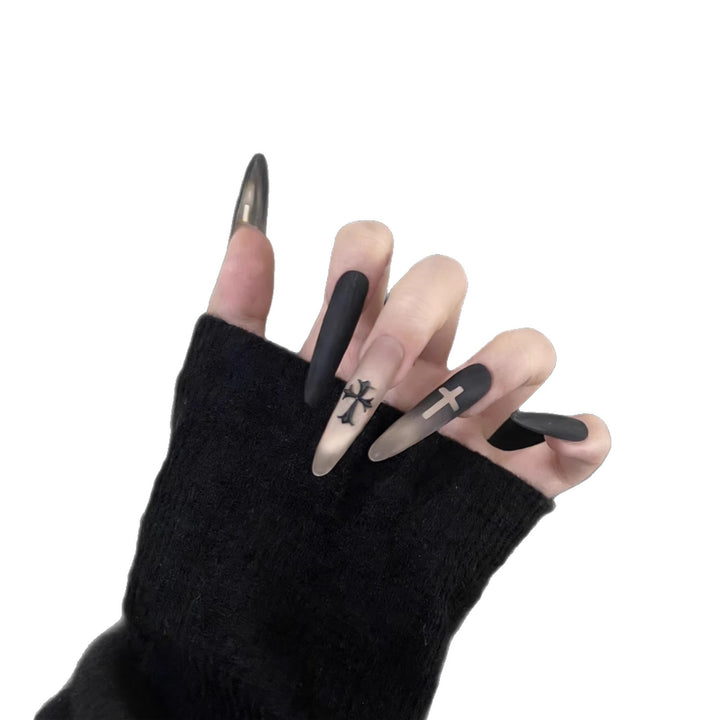 Artistic Press-On Nail Set with Gothic Cross Designs