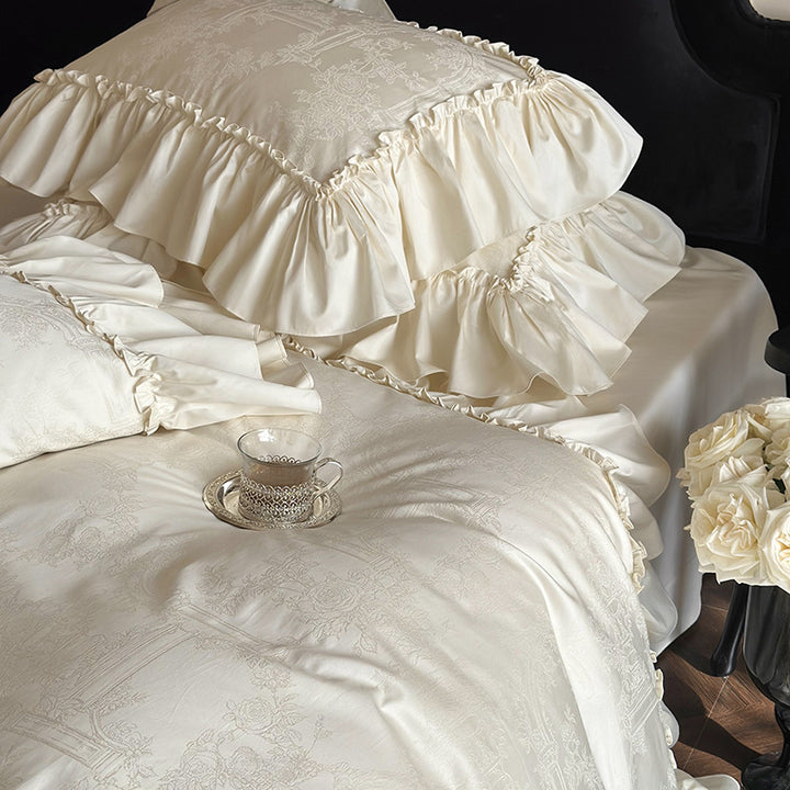 Elegant bed linen set made of satin-like jacquard with ruffle edge