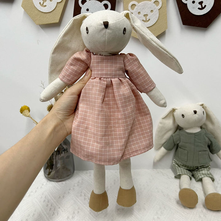 Handcrafted Neutral Linen Bunny Plush with Long Floppy Ears and Removable Two‑Piece Outfit